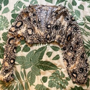 Urban Outfitters Cream Floral Faux Wrap Long Sleeve Boho Crop Top